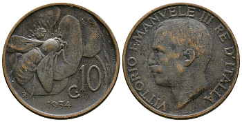 ИТАЛИЯ 10 ЧЕНТЕЗИМО 1934 R, ПЧЕЛА KM 60 медь 4382-1217