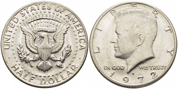 США 1/2 доллара (50 центов) 1972 d, Джон Кеннеди KM 202b медь плакированная медно-никелем UNC 109-741