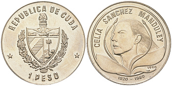 Куба 1 песо 1990 Селия Санчес Мандулей, кубинская революционерка KM 340 медно-никель UNC 4165-331