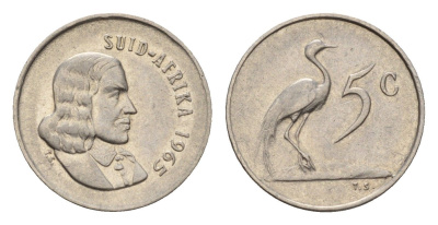 ЮАР 5 центов 1965 Ян ван Рибек (1619-1677), Suid Africa, легенда на африкаанс, райский журавль KM 67.2 медно-никель 4640-1051