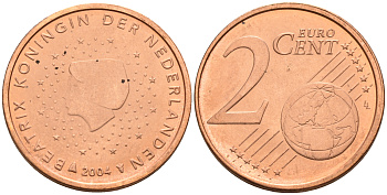 Нидерланды 2 евроцента 2004  КМ 235 сталь плакированная медью UNC   4160-1146