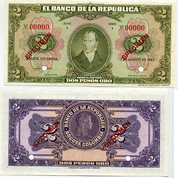 Колумбия 2 песо 1947 Камило Торрес Тенорио, серия I, образец, Specimen Pick 390s бумага 00-00