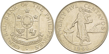 ФИЛИППИНЫ 25 СЕНТАВО 1966 KM 189.1 медь никель цинк 4544-553