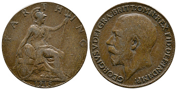 Великобритания 1 фартинг 1915 Георг V (1910-1936) KM 808.1, Spink 4059 бронза 4384-1233