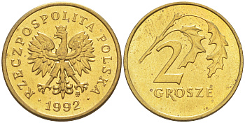 ПОЛЬША 2 ГРОША 1992 MW KM 277 латунь UNC 187-564