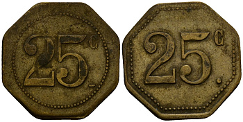 Франция 25 сантимов XIX-XX век ресторанный жетон латунь 4166-527