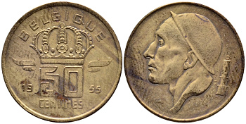 БЕЛЬГИЯ 50 САНТИМОВ 1955 BELGIQUE KM 144 бронза 4392-814