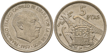 Испания 5 песет 1957 (74) Франсиско Франко (1939-1975) KM 786 медно-никель    4597-134