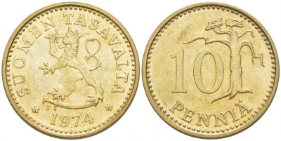 ФИНЛЯНДИЯ 10 ПЕННИ 1974 S KM 46 алюминиевая бронза UNC 3718-129