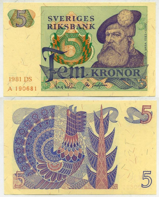 Швеция 5 крон 1981 DS, Густав I Ваза Pick 51d бумага aUNC 444-25-1