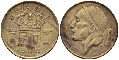 БЕЛЬГИЯ 50 САНТИМОВ 1955 BELGIQUE KM 144 бронза 4392-814