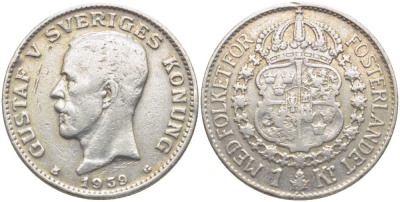 Швеция 1 крона 1939 G, Густав V (1907-1950) KM 786.2 серебро 119-1111