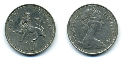 Великобритания 10 пенсов 1968 Елизавета II (1952-2022) KM 912, Spink 4231 (F1) медно-никель  4110-1036