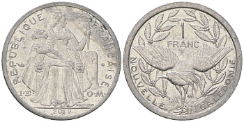 Французская Новая Каледония 1 франк 2012 птица кагу, (IEOM) KM 10, Schoen 10 алюминий 31-153