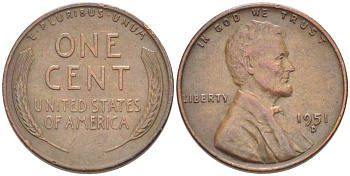 США 1 ЦЕНТ 1951 D, ЛИНКОЛЬН KM А132 медь цинк 3309-563