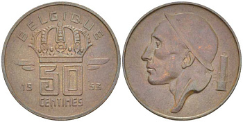 БЕЛЬГИЯ 50 САНТИМОВ 1953 BELGIQUE, БОДУЭН I (1951-1993) KM 144 бронза 206-162