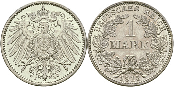 Германия 1 марка 1915 J Weege 18, J. 17, KM 14 серебро aUNC 98-1143