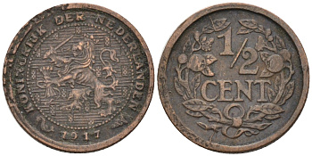 Нидерланды 1/2 цента 1917 Вильгельмина (1890-1948) KM 138 бронза 4576-369