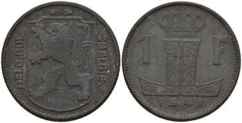 Бельгия 1 франк 1941 Belgique - Belgie, Леопольд III (1934-1947), германская оккупация, Вторая мировая война KM 127 цинк 4161-412