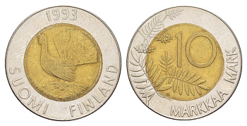 Финляндия 10 марок 1993 KM 77 биметалл 4648-636
