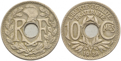 ФРАНЦИЯ 10 САНТИМОВ 1928 ТИП ЛИНДАЙЁ KM 866а медно-никель 4448-224