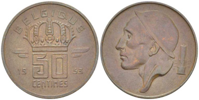 БЕЛЬГИЯ 50 САНТИМОВ 1953 BELGIQUE, БОДУЭН I (1951-1993) KM 144 бронза 206-162