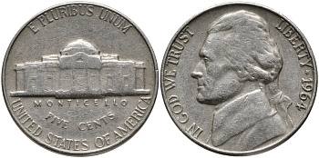 США 5 ЦЕНТОВ 1964 ДЖЕФФЕРСОН KM A192 медно-никель 4390-737