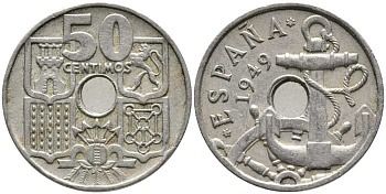 ИСПАНИЯ 50 СЕНТИМО 1949 (53) ФРАНСИСКО ФРАНКО ДИКТАТОР ИСПАНИИ (1939-1975), МОРСКАЯ АТРИБУТИКА KM 777 медно-никель 110-942