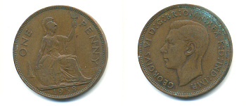 Великобритания 1 пенни 1938 Георг VI (1936-1952) KM 845, Spink 4114 бронза 89-132