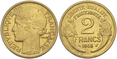 ФРАНЦИЯ 2 ФРАНКА 1938 ТИП MORLON KM 886, LE FRANC 268.11 алюминиевая бронза 69-1244