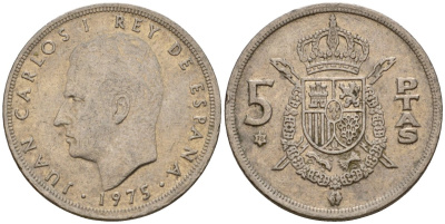 Испания 5 песет 1975 (78) Хуан Карлос I (1975-2014) KM 807 медно-никель 190-1041