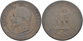 ФРАНЦИЯ 10 САНТИМОВ 1862 BB, НАПОЛЕОН III (1852-1870) KM 798.1, LA FRANC 134.6 бронза 114-1235