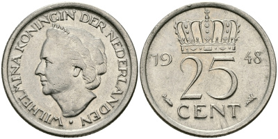 НИДЕРЛАНДЫ 25 ЦЕНТОВ 1948 ВИЛЬГЕЛЬМИНА KM 178 никель 96-117