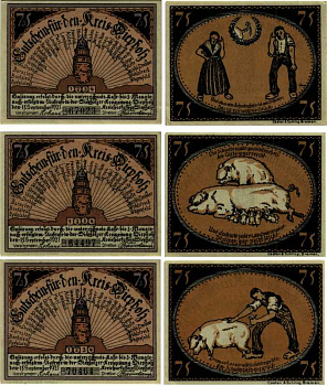 ДИПХОЛЬЦ, ГЕРМАНИЯ НАБОР ИЗ 3 БАНКНОТ 1921 НОТГЕЛЬД, ЗЕМЛЯ НИЖНЯЯ САКСОНИЯ, 15 СЕНТЯБРЯ 1921, СЕРИЯ В, BILDER 1, 3, 4, (3 Х 75 ПФЕННИГОВ) ARNOLD KELLER 273.4 бумага UNC (ПРЕСС) 7553-4-1