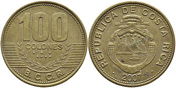 КОСТА-РИКА 100 КОЛОН 2007 B.C.C.R. KM 240а сталь плакированная латунью 59-414