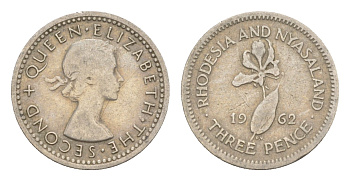 Родезия и Ньясаленд 3 пенса 1962 Елизавета II (1952-2022), цветок глориоза KM  3 медно-никель  4640-927
