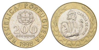 Португалия 200 эскудо 1998 Педру Нуниш (1502-1578), математик KM 645 биметалл  aUNC  4660-336