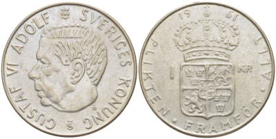 Швеция 1 крона 1961 U, Густав VI Адольф (1950-1973) KM 826 серебро 175-1132