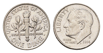США 1 дайм (10 центов) 2014 D, Рузвельт KM 195a медь плакированная медно-никелем 4684-949