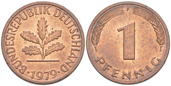 ФРГ 1 ПФЕННИГ 1979 F KM 105, J. 380 сталь плакированная медью 4181-634