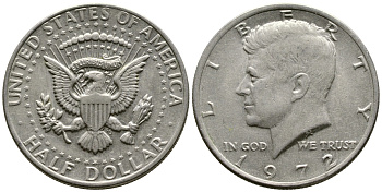 США 1/2 доллара (50 центов) 1972 Джон Кеннеди KM 202b медь плакированная медно-никелем 35-212