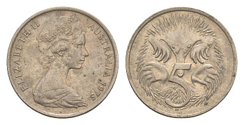 Австралия 5 центов 1975 Елизавета II (1952-2022) молодой портрет, ехидна KM 64 медно-никель 4151-1267