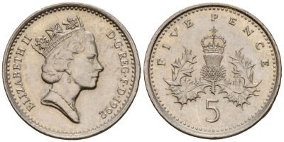 Великобритания 5 пенсов 1992 Елизавета II (1952-2022) KM 937b, Spink 4372 (D4) медно-никель 4602-114