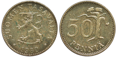 Финляндия 50 пенни 1980 K KM 48 алюминиевая бронза UNC 259-632