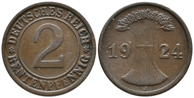 ГЕРМАНИЯ 2 РЕНТЕНПФЕННИГА 1924 J KM 31, J. 307 бронза 24-557