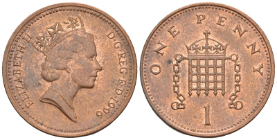 Великобритания 1 пенни 1996 Елизавета II (1952-2022) KM 935a, Spink 4391 (B4) сталь плакированная медью 4609-534