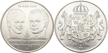 Швеция 50 крон 1976 U, королевская свадьба Карла XVI и королевы Сильвии KM 854 серебро UNC 4552-913