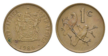 ЮАР 1 цент 1986 герб, капские воробьи KM 82 бронза 4627-1157