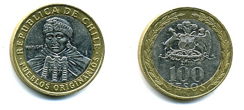 Чили 100 песо 2010 индейцы Мапуче KM 236 биметалл 41-546