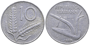 ИТАЛИЯ 10 ЛИР 1969 R, КОЛОСЬЯ, ПЛУГ KM 93 алюминий 51-3427